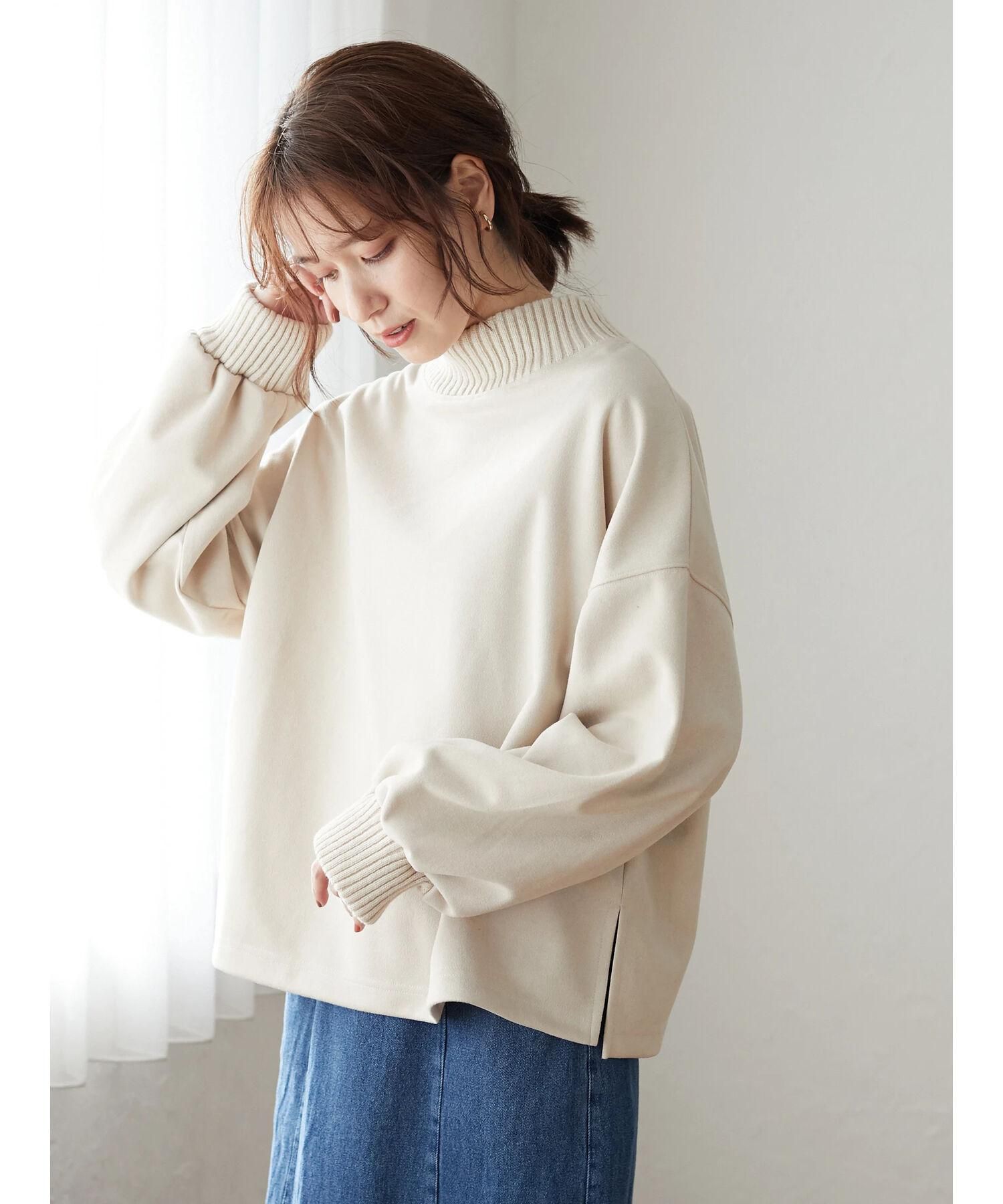 日本 ELENCARE DUE - 羅紋針織X麂皮拼接立領大學T-黑