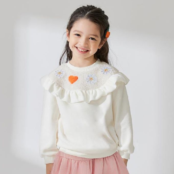 韓國 OZKIZ - 閃亮雛菊波浪暖絨長袖大學T-象牙白