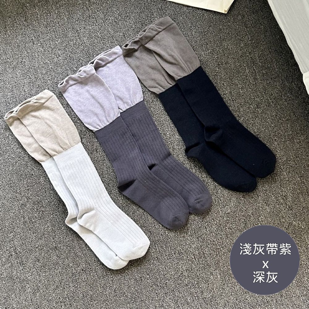 韓製拼接風格膝下襪/中長筒襪-淺灰帶紫X深灰 (Free[230~260mm])