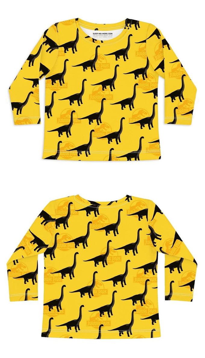 英國 SLEEP NO MORE - 100% 有機棉兒童圓領長袖上衣-儸紀公園/黃底雷龍