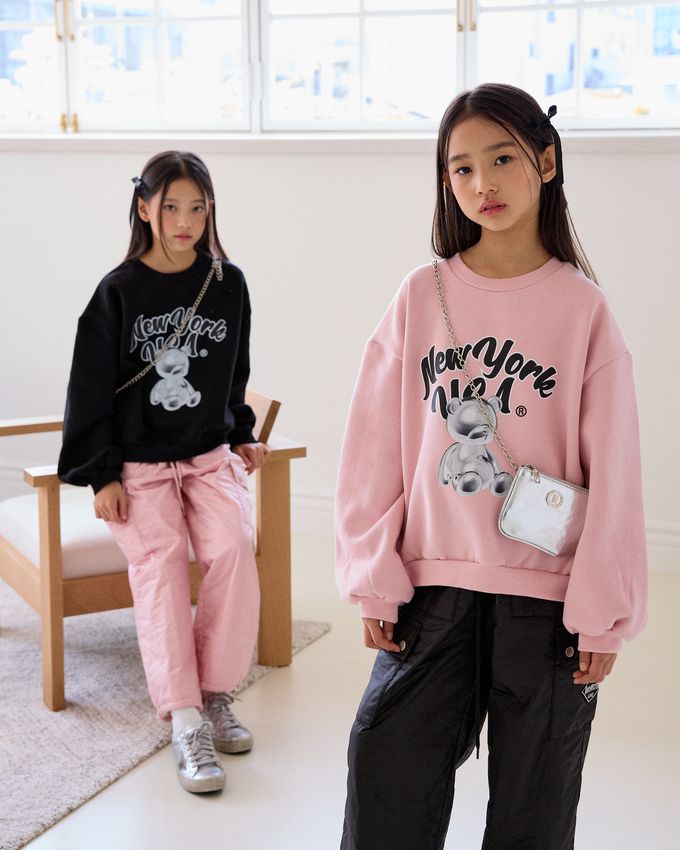 韓國 sm2 - (內磨毛)銀色小熊印長袖大學T-黑