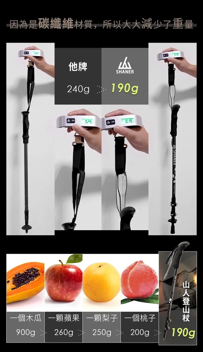SHANER - 碳纖維伸縮自拍登山杖(自拍架需另購)