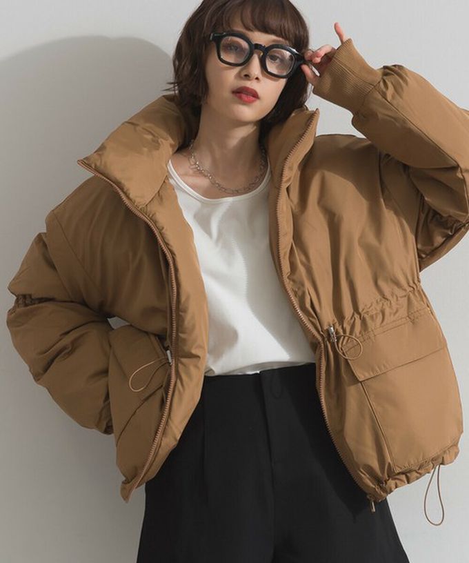 日本 ELENCARE DUE - 蓬鬆袖立領腰抽繩科技羽絨保暖外套-黑