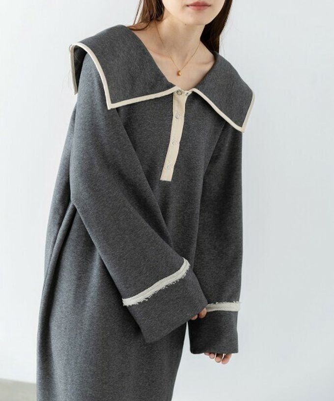 日本 Bab - 滾邊個性大翻領休閒長袖洋裝-咖啡