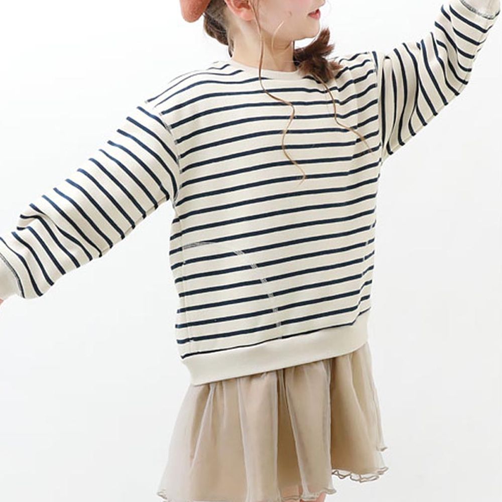 甜美裏毛雪紡拼接長袖洋裝-黑白條紋