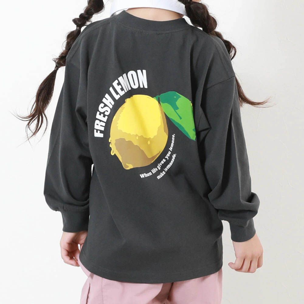 100%棉 定番印花寬版長袖上衣-檸檬-黑