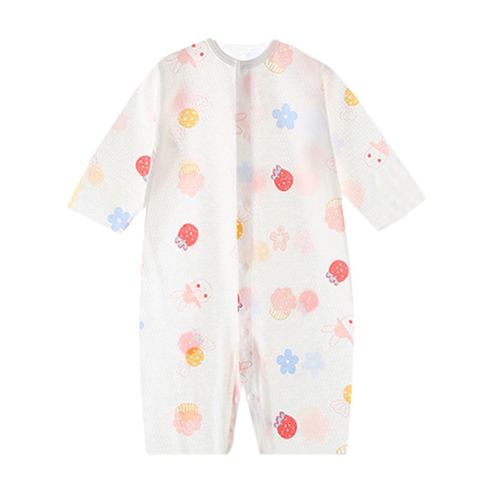 純棉長袖包屁衣 薄棉透氣前開扣連身衣-草莓兔