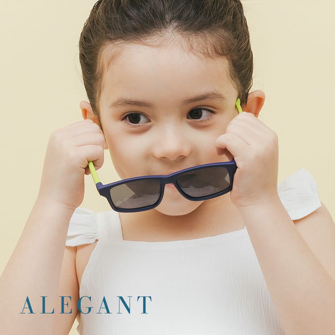 ALEGANT - 普普風海軍藍綠拚色中性兒童專用輕量方形彈性偏光墨鏡│UV400太陽眼鏡