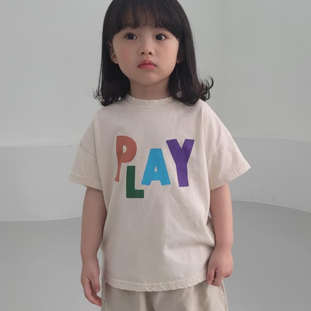 韓國 The Funny - PLAY字母印短袖上衣-米白