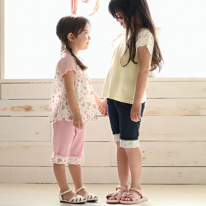 日本 ZOOLAND - 甜美花卉反摺短褲-海軍藍