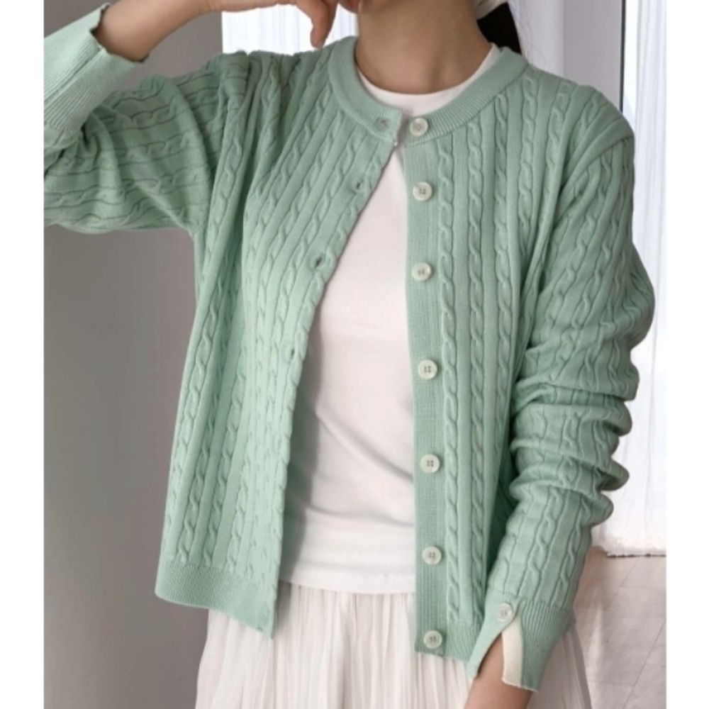 經典麻花編織圓領針織外套-湖水綠 (FREE)