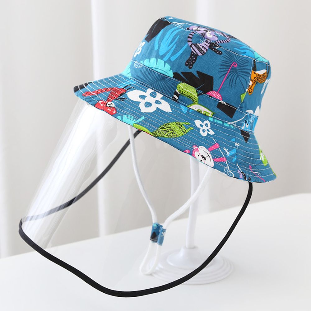 兒童防飛沫面罩遮陽漁夫帽-孔雀藍動物-面罩可拆