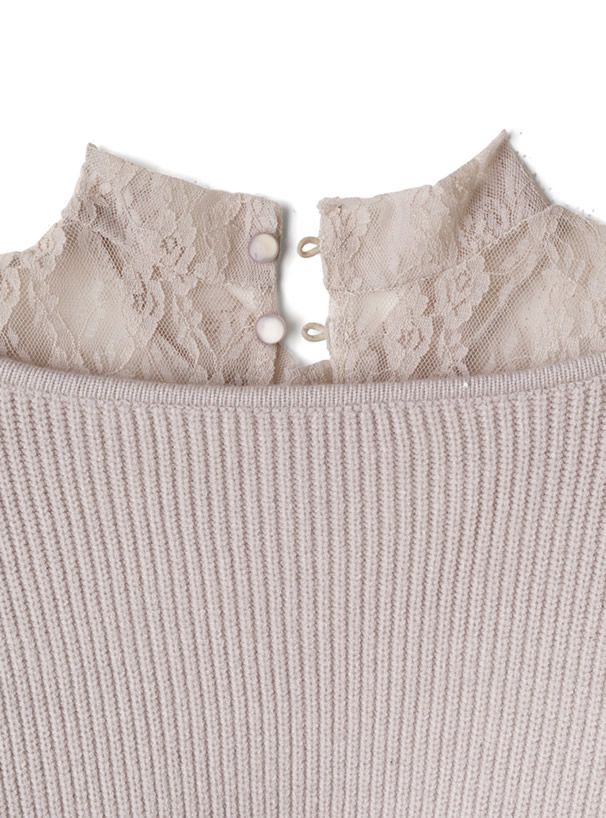 日本 GRL - 蕾絲緹花羅紋泡泡袖針織上衣-淺灰杏