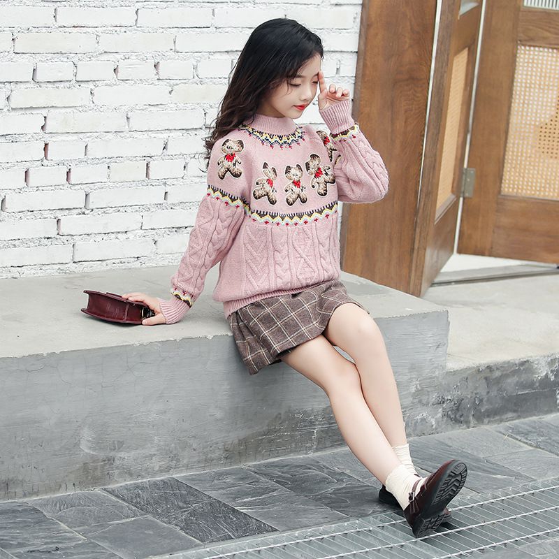 經典小熊麻花紋針織毛衣-米白