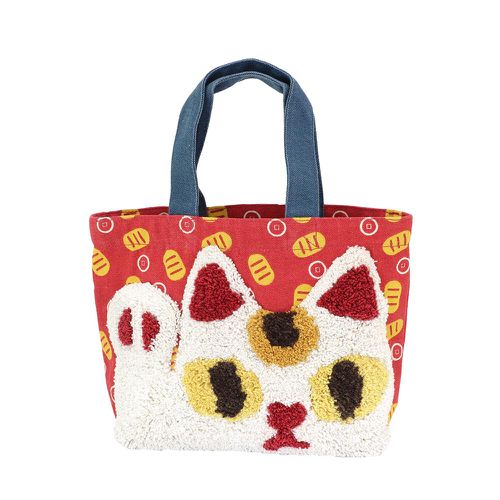 [限定]開運好物刺繡手提袋-招財貓-紅 (30×20×D10cm)