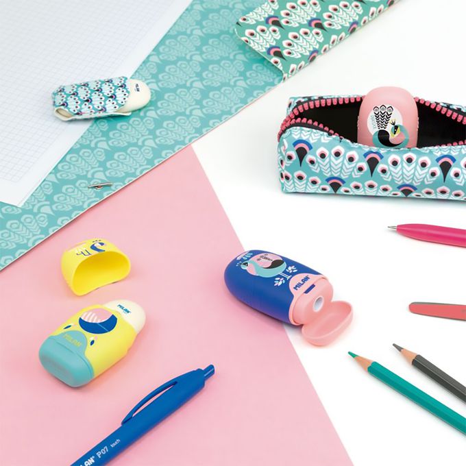 MILAN - 學童文具組-經典三角鉛筆_HB_12入裝+太空膠囊橡皮擦+削筆器_孔雀_尊爵藍