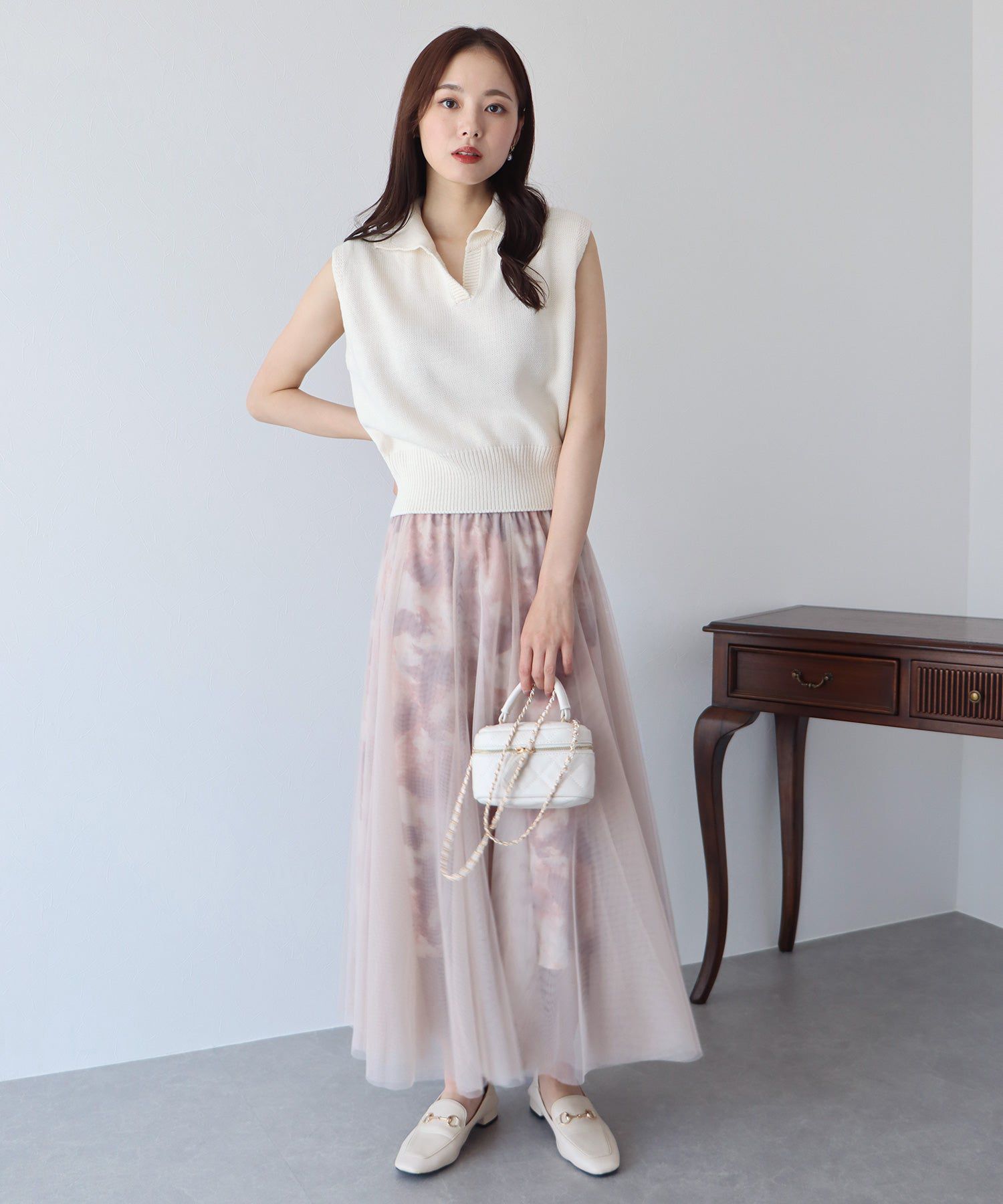 日本 BLUE EAST - 浪漫印花雙層紗裙-卡其