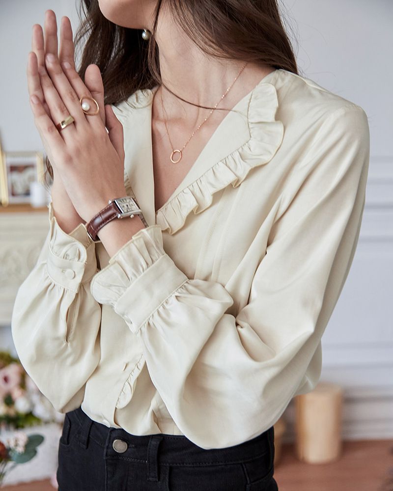 氣質荷葉邊長袖襯衫-杏色