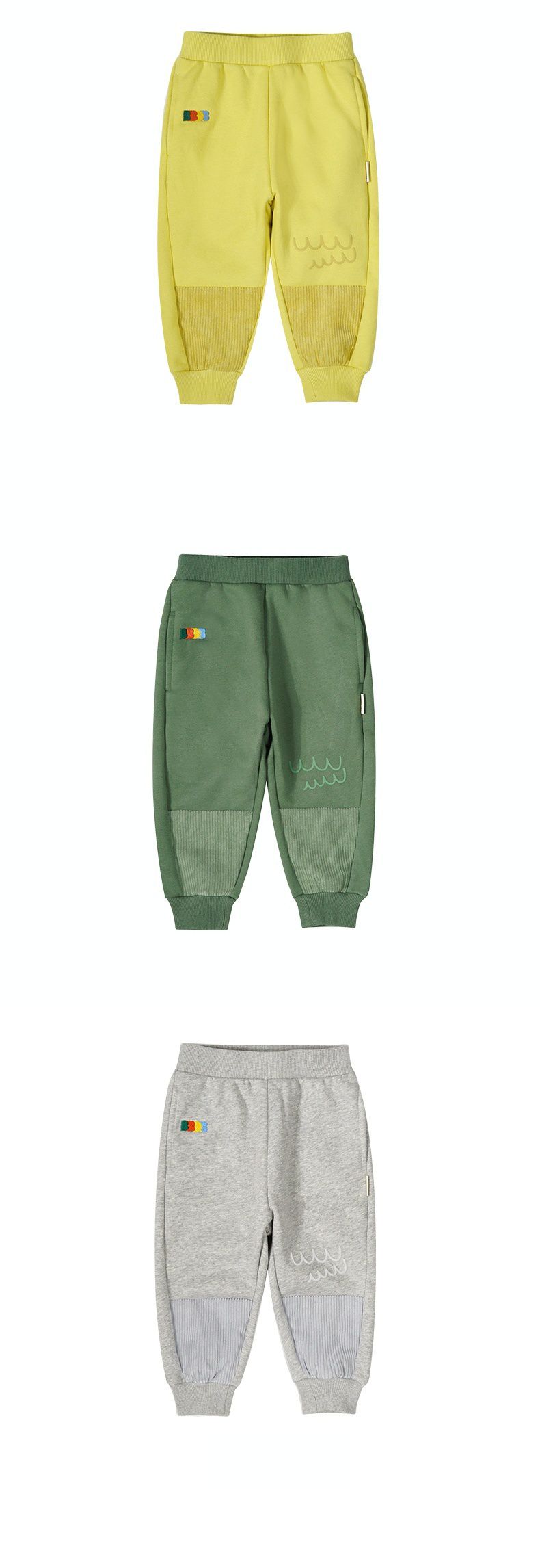 Minizone - 加絨拼接束口長褲-刺繡小波浪-黃色