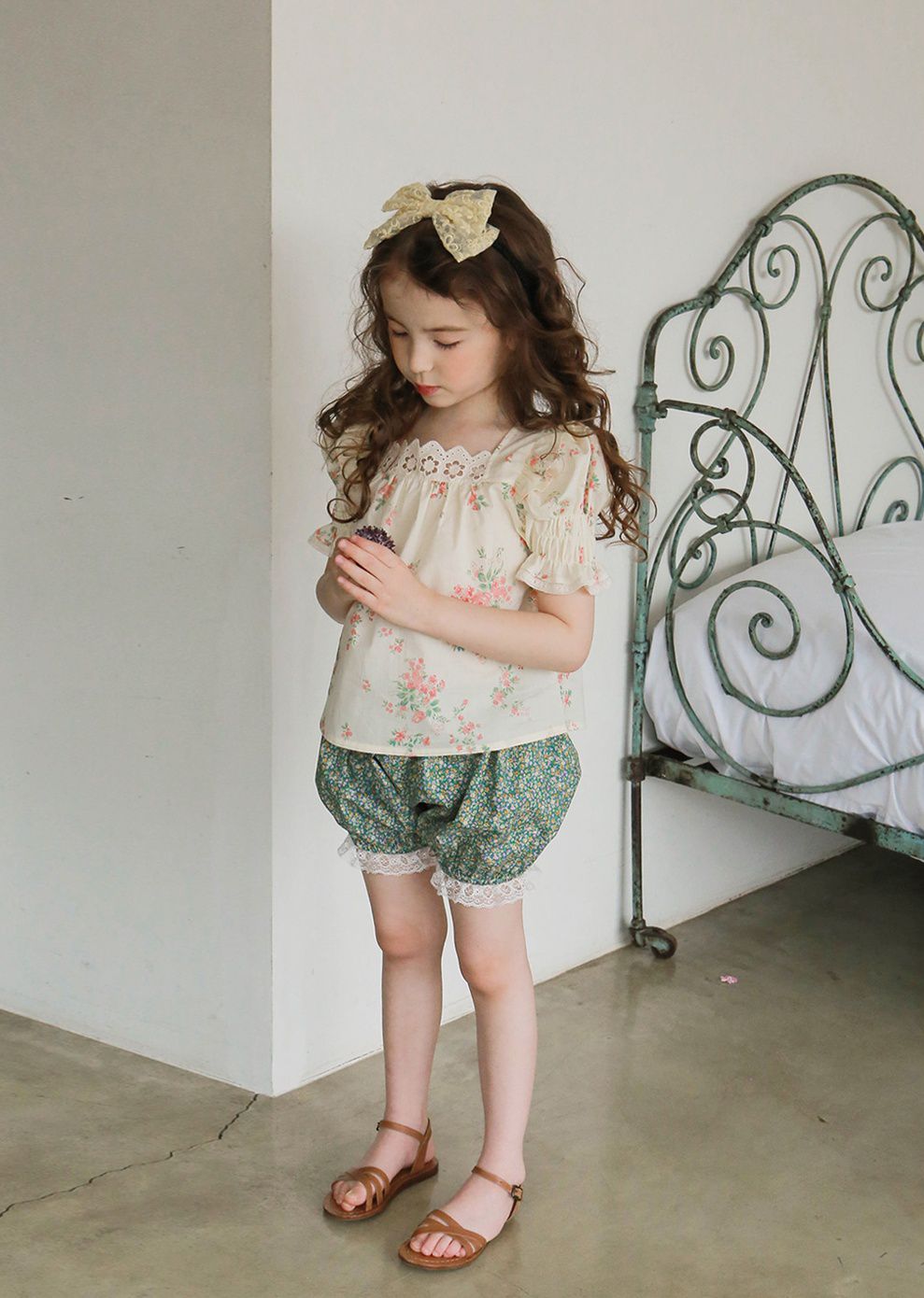 韓國 PuellaFLO - 碎花蕾絲燈籠褲-綠