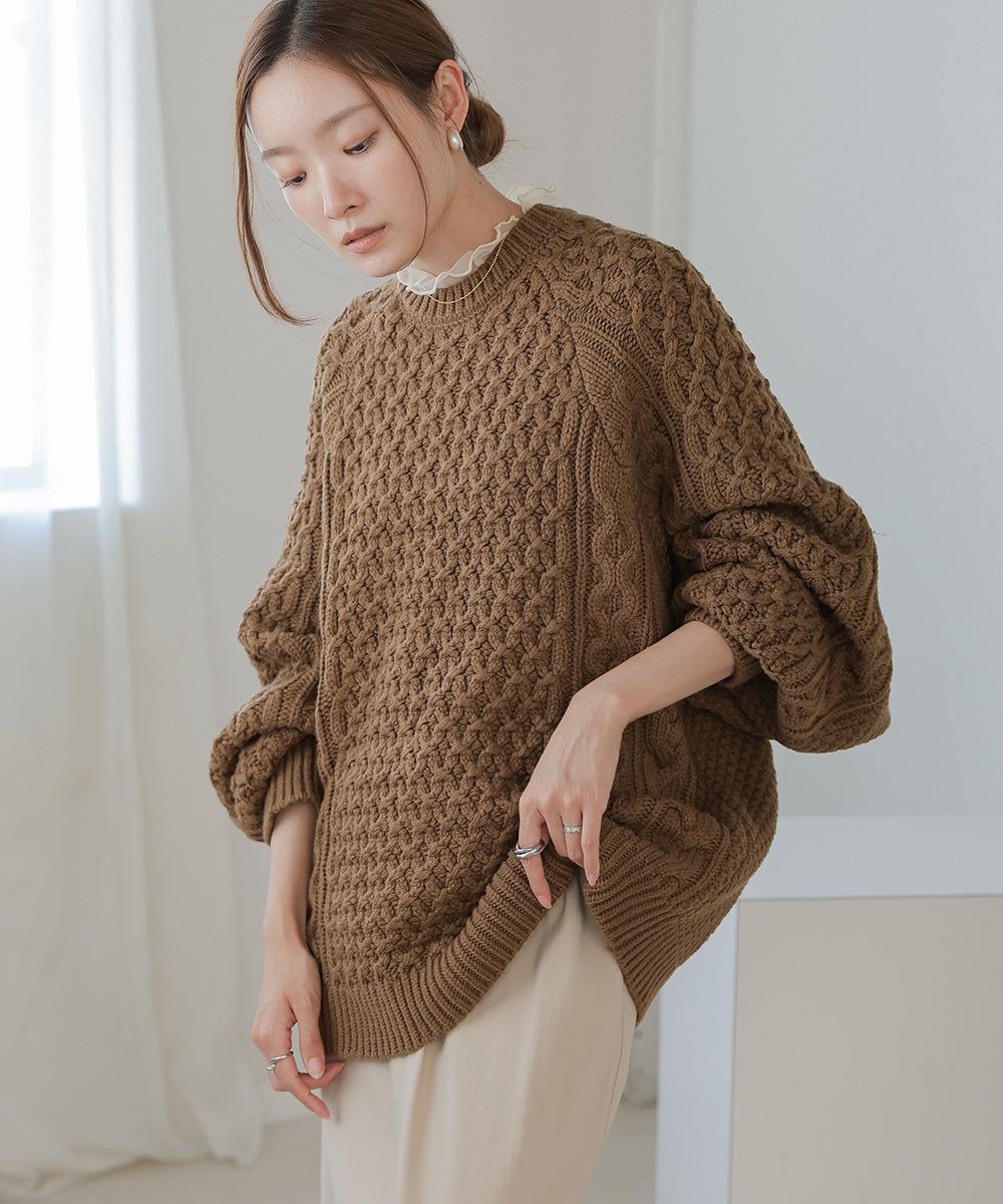 日本 Bab - 麻花編織大寬袖針織上衣-炭灰