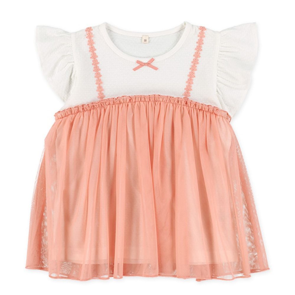 假二件緹花皺摺薄紗短袖上衣-粉橘