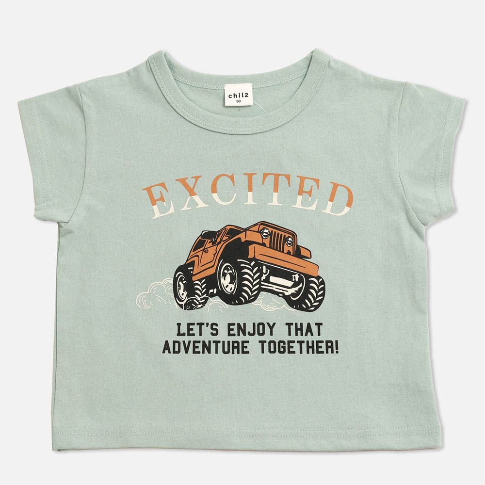 100%棉 可愛印花短袖上衣-越野車-薄荷綠