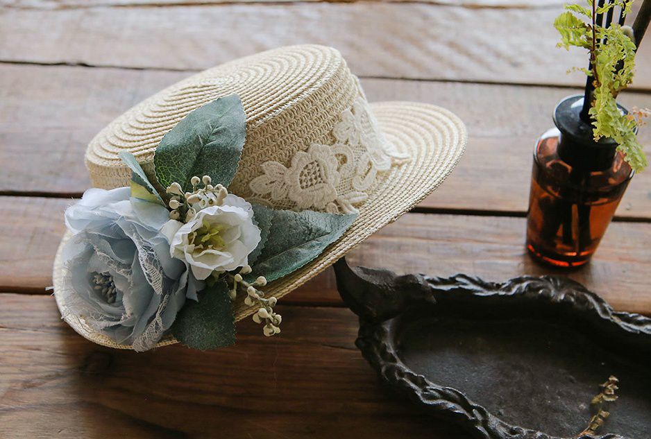 韓國 PuellaFLO - 藍白花朵裝飾蕾絲草帽 (3-7Y適用)