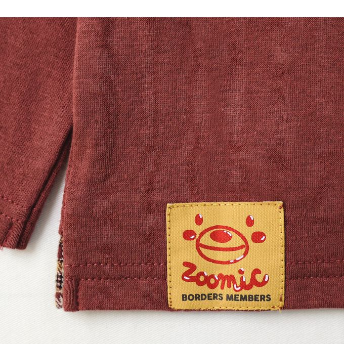 日本 ZOOLAND - 俏皮印花格紋拼接長袖上衣-療癒咖哩飯-酒紅