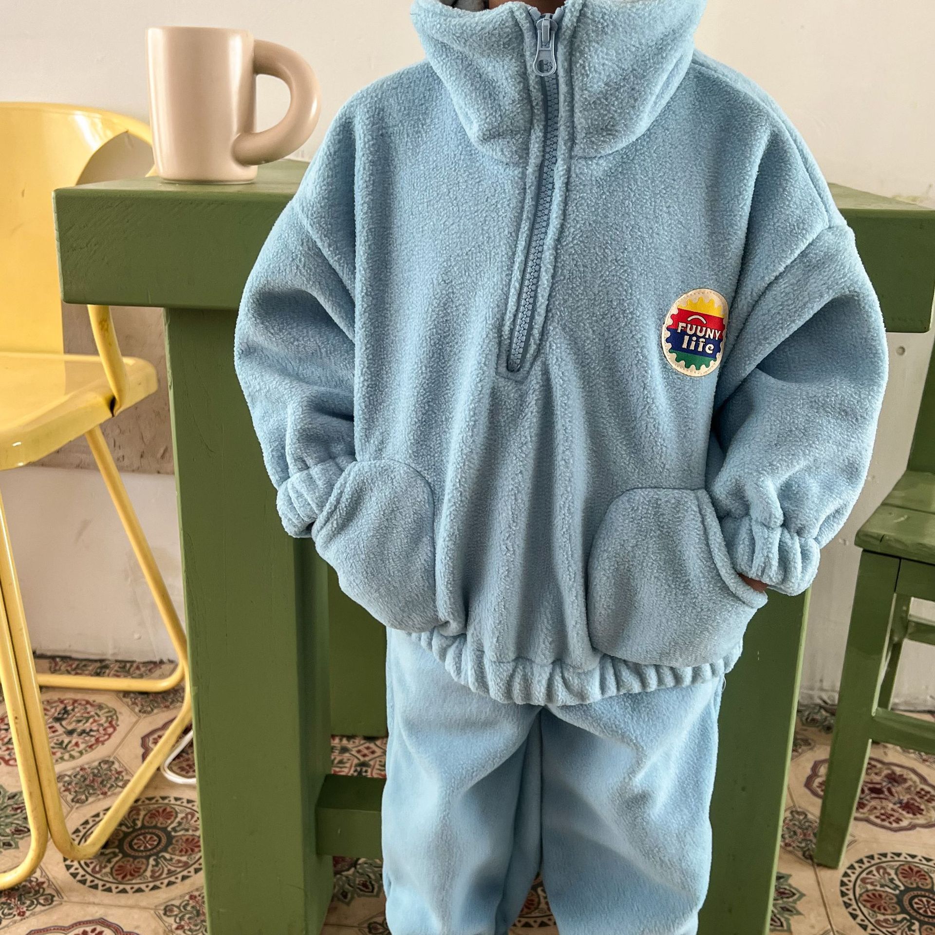 搖粒絨拉鍊休閒套裝-粉橘色