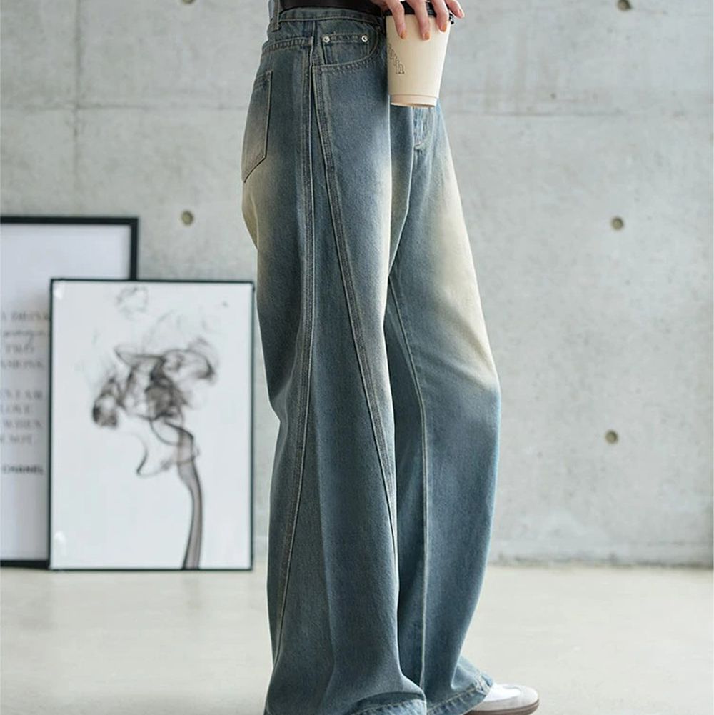 超顯瘦復古刷色立體喇叭牛仔褲-(可選長度)-靛藍