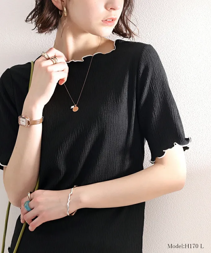 日本 Classical Elf - 氣質紋理木耳邊短袖上衣-黑