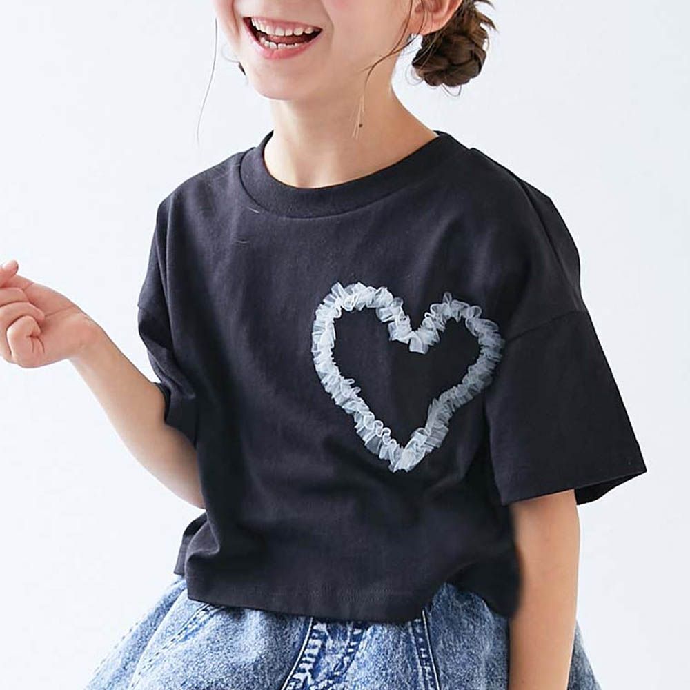 俏皮心型薄紗短袖上衣-黑