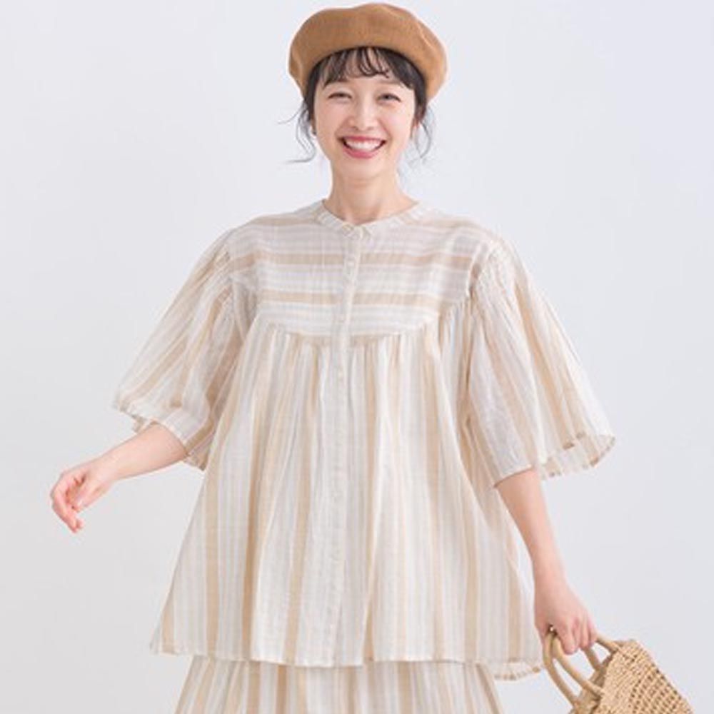日本 Lupilien - 100%印度棉 自然紗線感短袖襯衫-卡其條紋