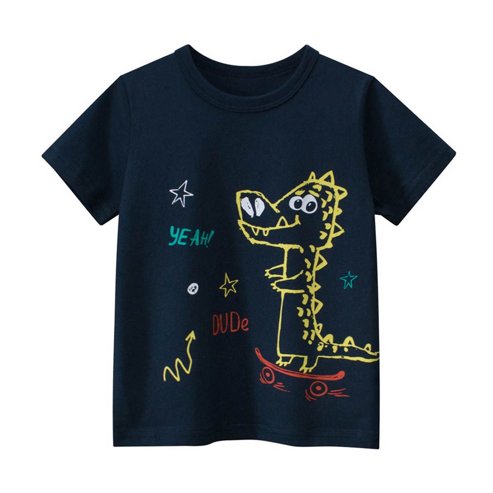 純棉短袖上衣-童趣塗鴉恐龍-藏青