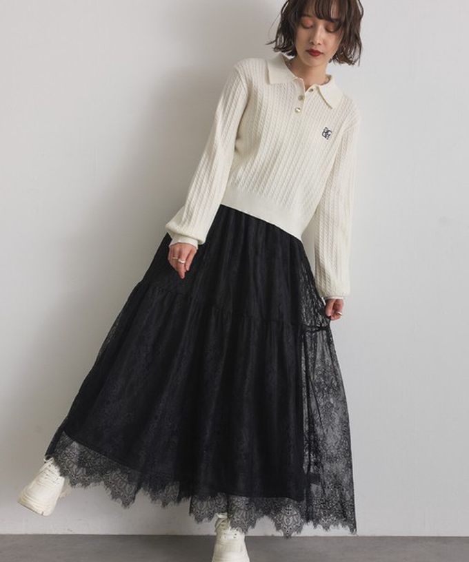 日本 ELENCARE DUE - 奢華睫毛蕾絲飄逸長裙(2件式)-白