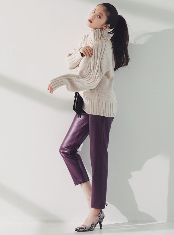 日本 GRL - 明星聯名款 羅紋拼接束袖高領針織毛衣-咖啡灰