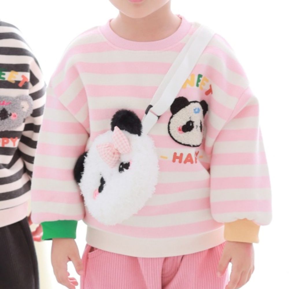 Coco rabbit (附包包,內磨毛)動物條紋長袖大學T-毛毛熊貓-粉