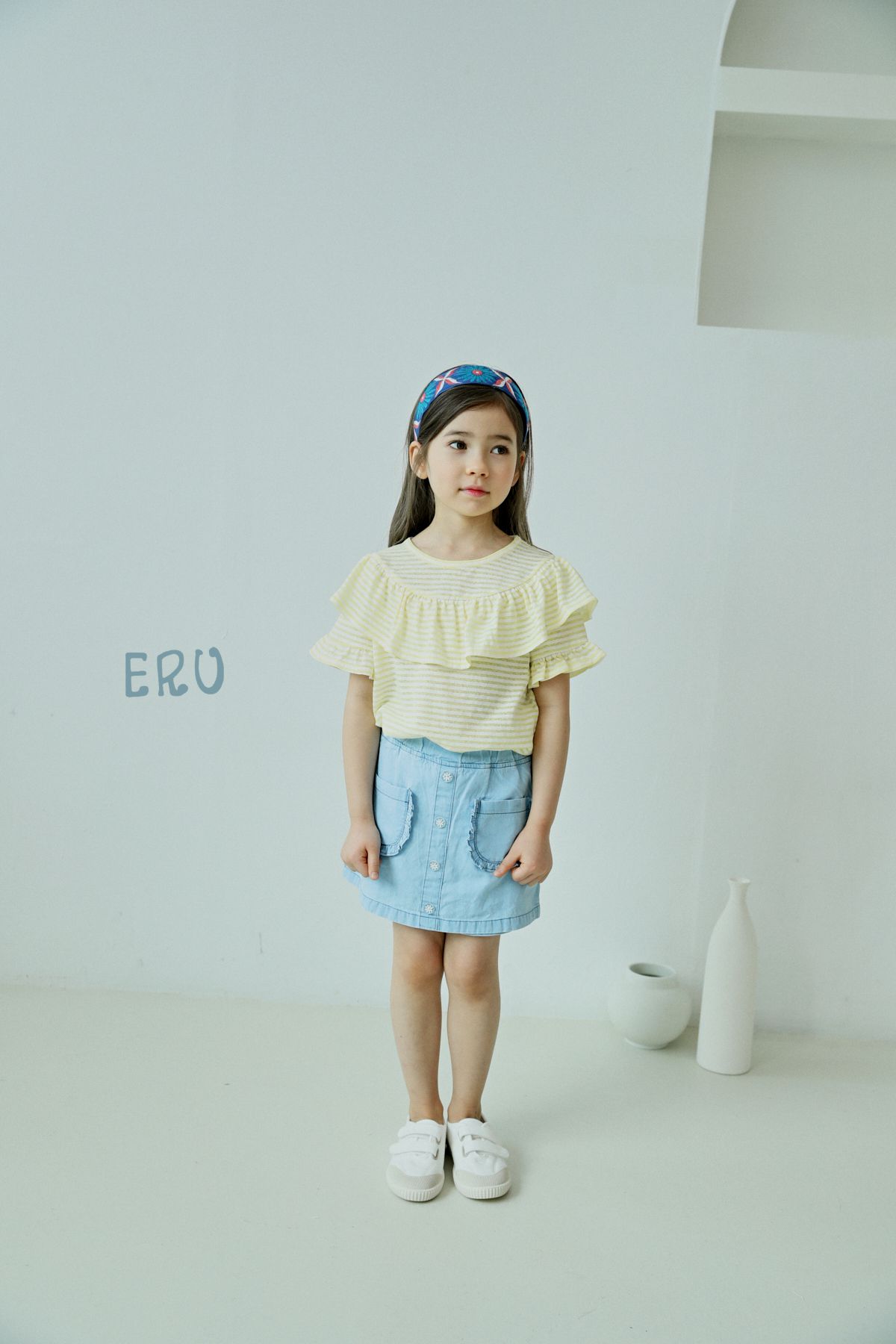 韓國 ERU - 花朵鈕釦雙口袋牛仔褲裙