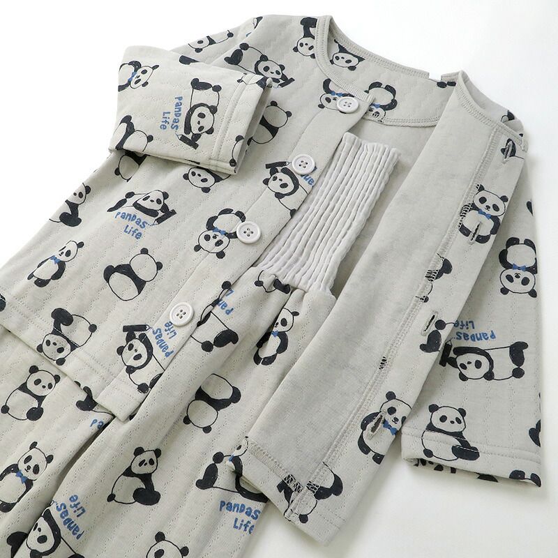 日本 ZOOLAND - 印花腹卷長袖家居服/睡衣-熊貓-淺灰