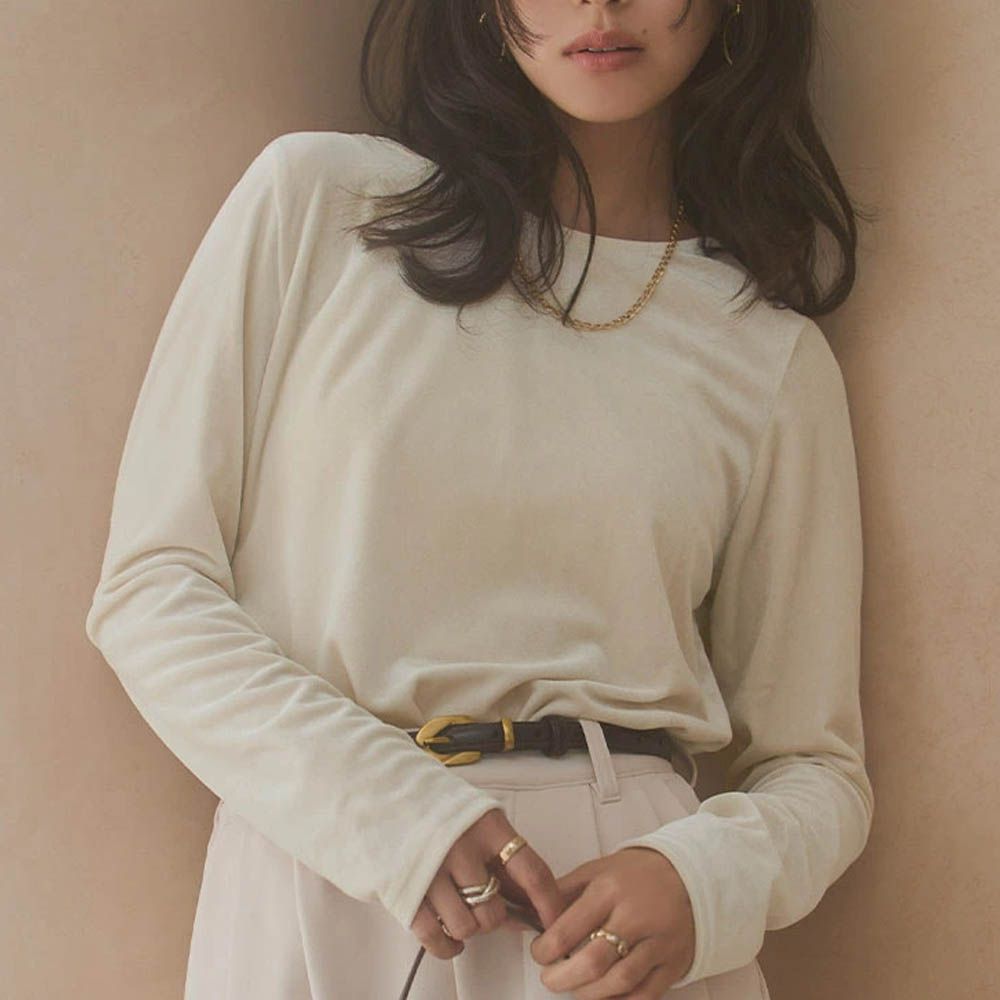 前後2way 光澤絲絨U領長袖上衣-象牙