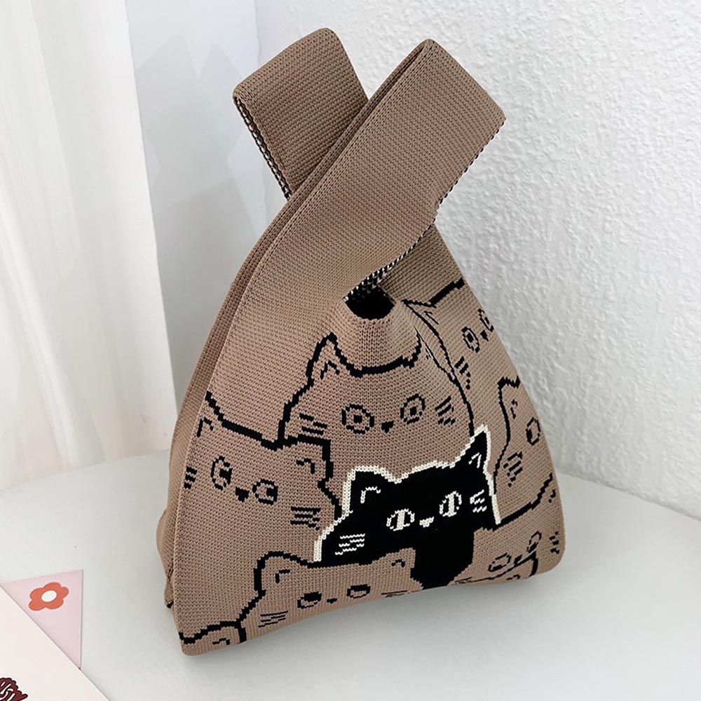 輕便休閒針織手拿包/手提包-咖色貓貓 (20x35cm)