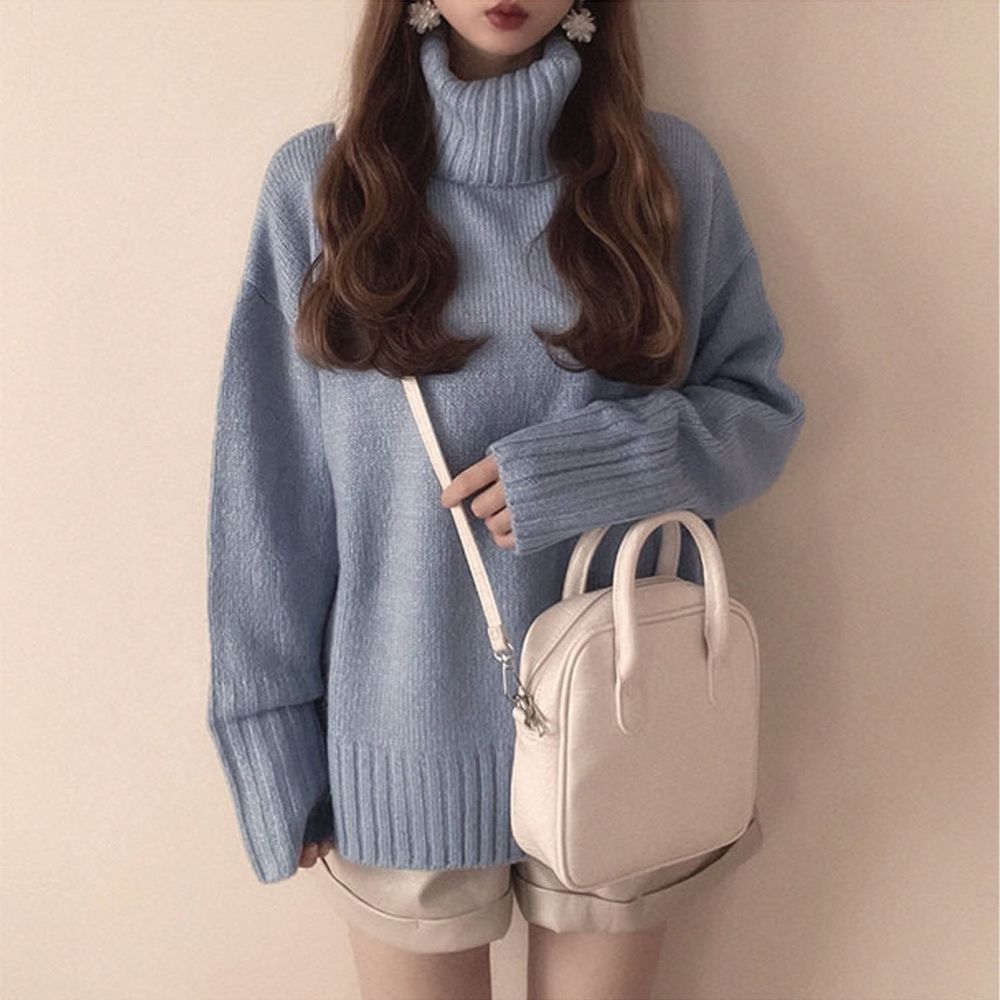 日本 GRL - 大寬鬆高領開衩針織毛衣-水藍
