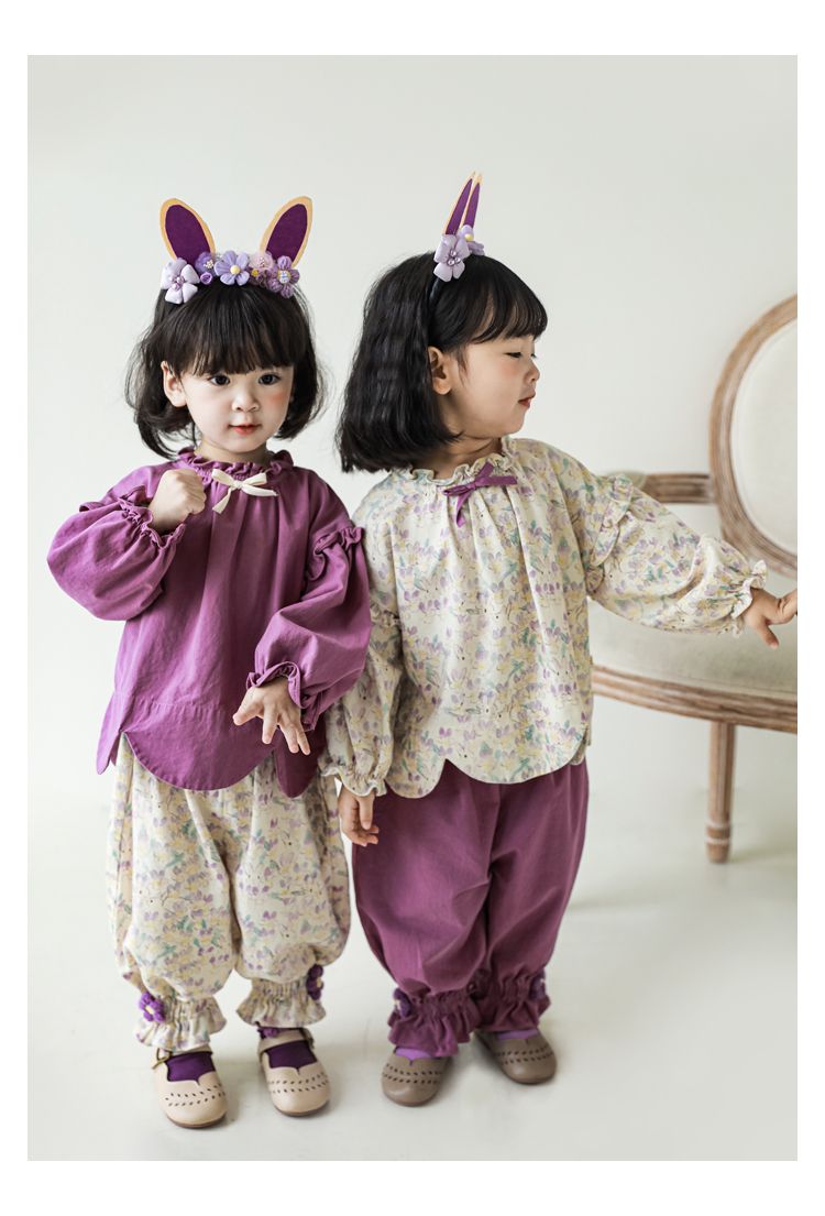 腰鬆緊束口花苞長褲-兔子與花-杏色