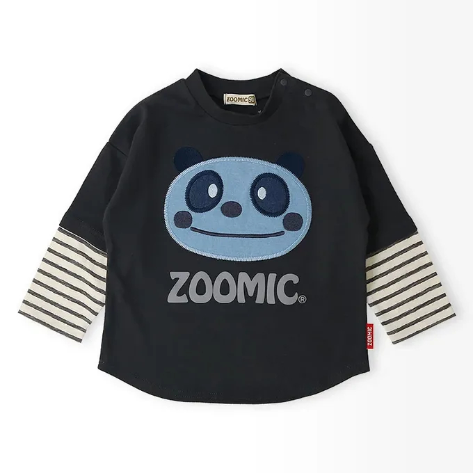 日本 ZOOLAND - 丹寧風小熊長袖上衣-假二件袖-炭黑