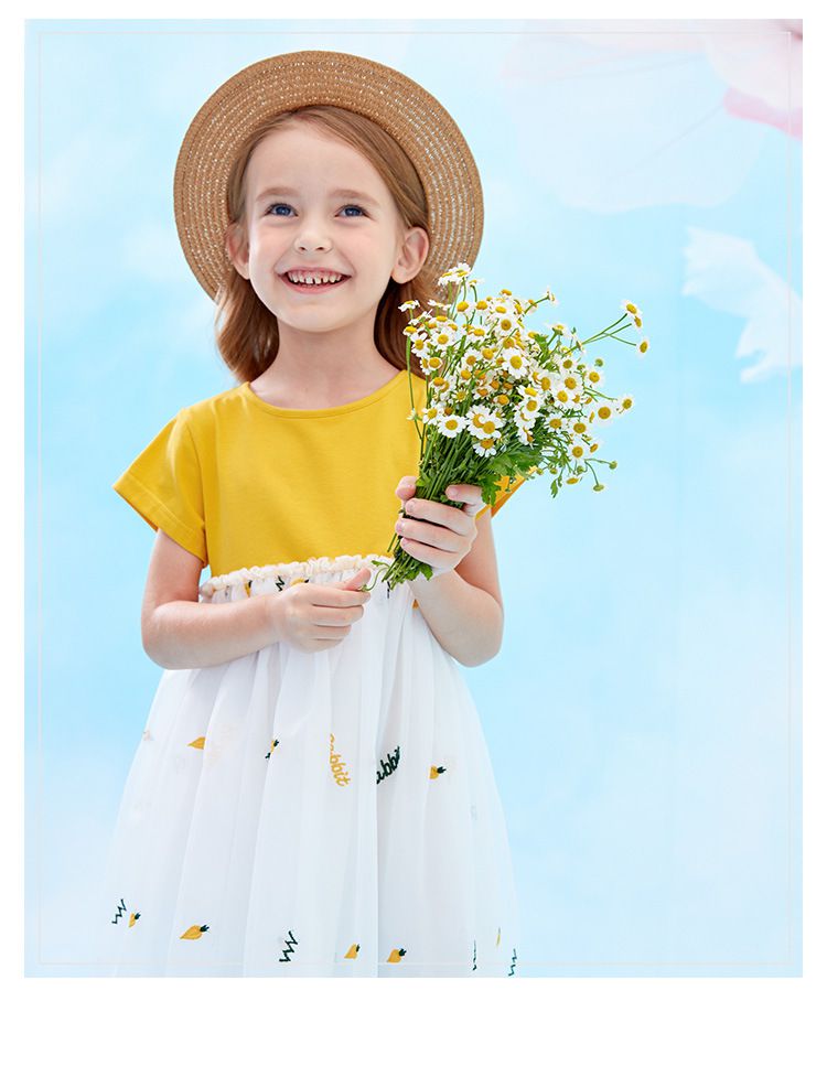 網紗澎澎裙短袖洋裝-胡蘿蔔-黃+白