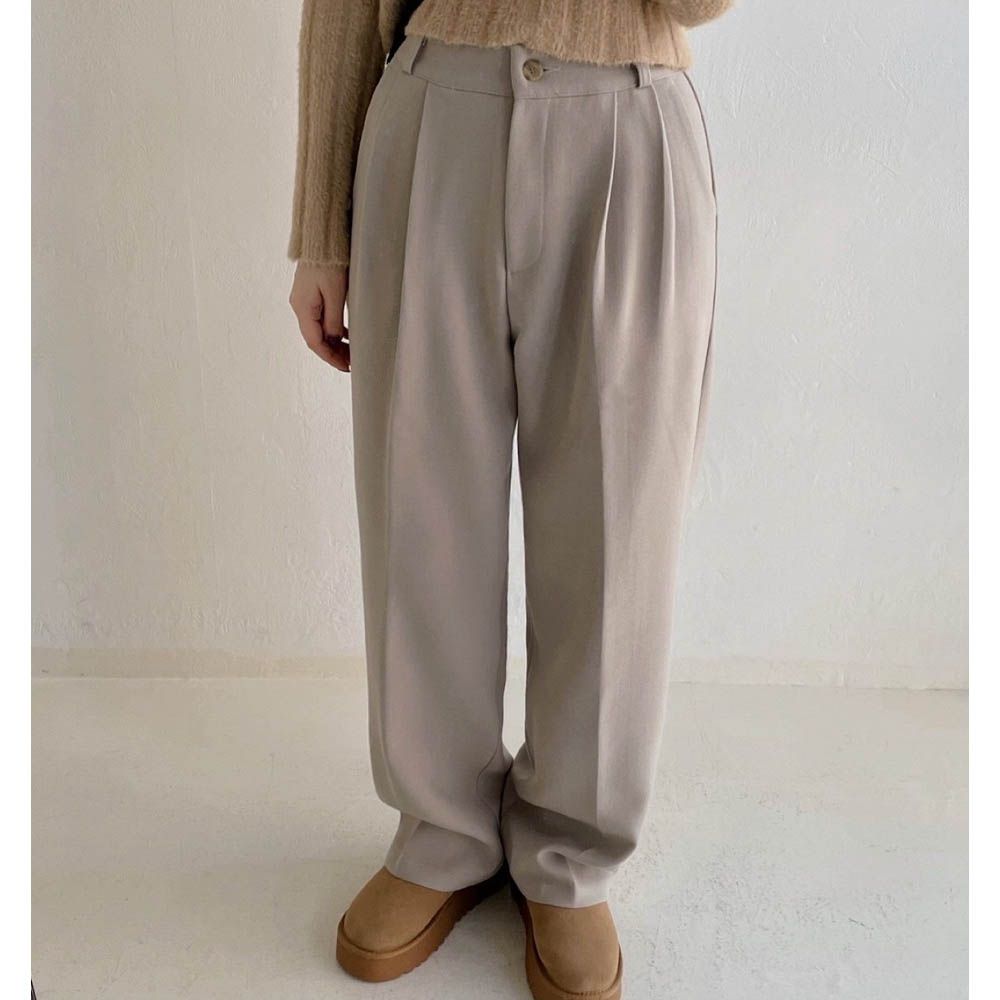 彈性腰輕磨毛抓褶感西裝落地寬褲-卡其杏