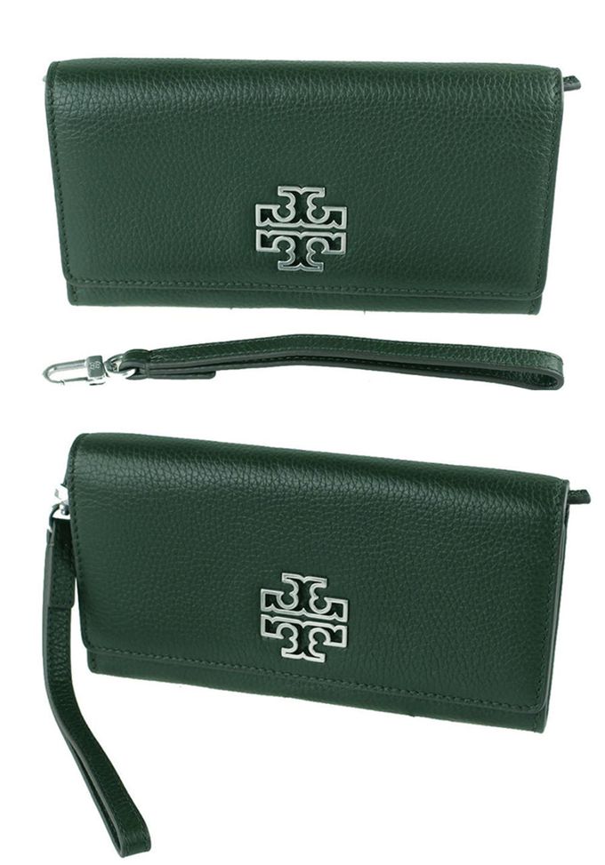 TORY BURCH - 素面皮革手掛長夾-墨綠色