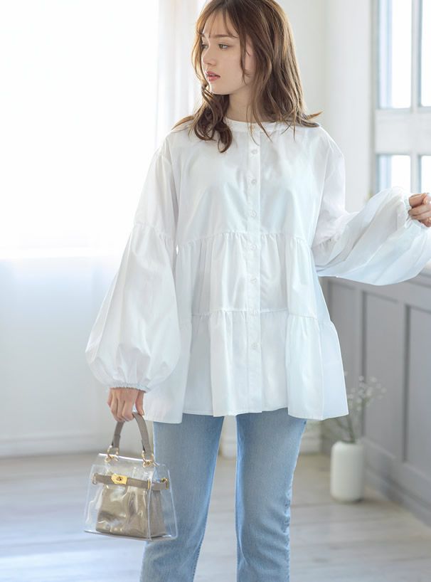 日本 GRL - 森林系層次泡泡長袖上衣-天使白 (F)
