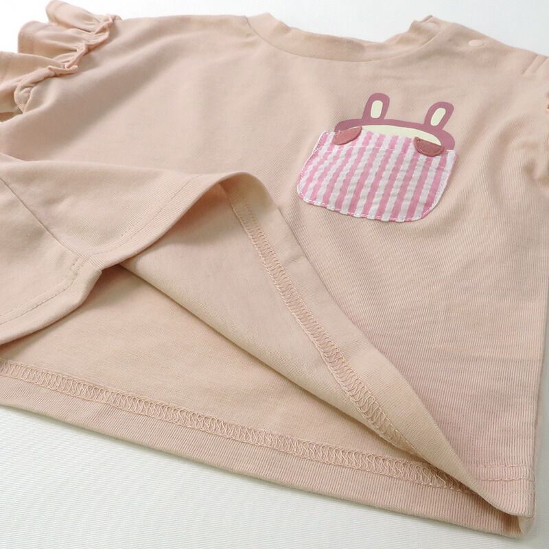 日本 ZOOLAND - 浪漫荷葉袖拼接短T-口袋小兔-粉